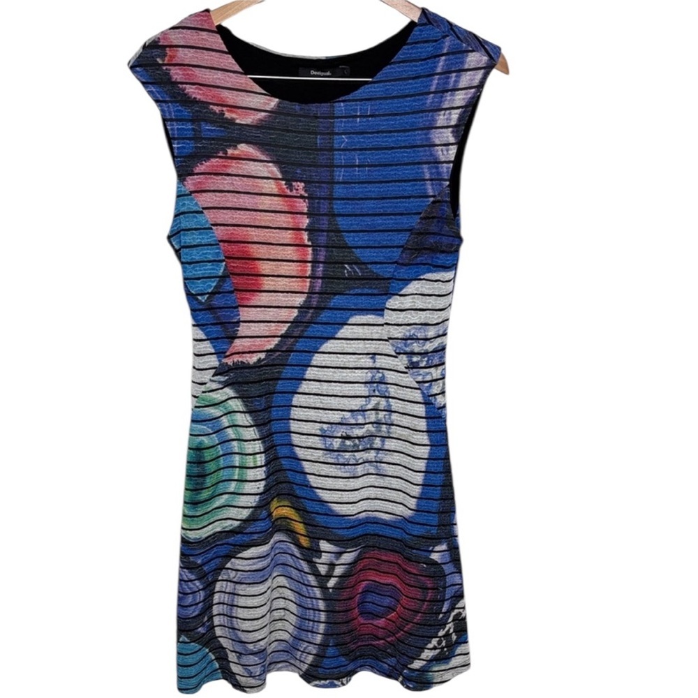 Desigual Jersey Striped Crinkle Sleeveless Fit Flare Dress Women Size L